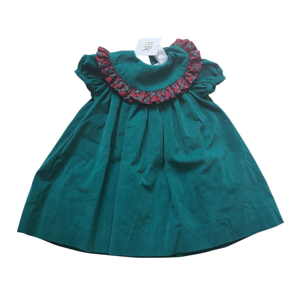 B &‎ Co. Corduroy Dress Plaid Ruffle Collar Green Holiday Party Baby Girl 12M